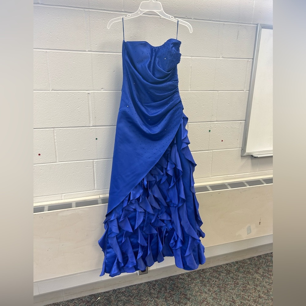Jump apparel, royal blue prom dress, ruffle and rhinestone details
